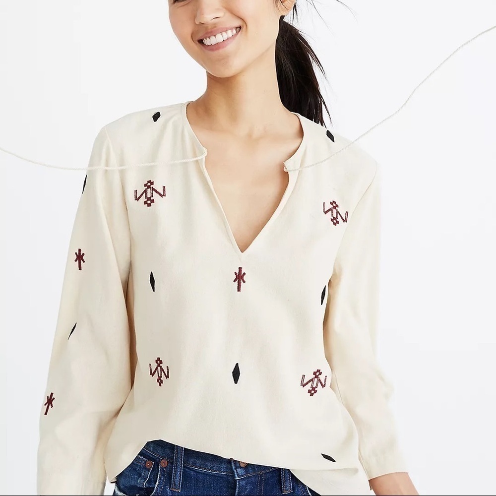 Madewell Embroidered Fringe Boho Pom Pom Silk Top Size XXS Women